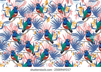 Three-color bird pattern in forest leaves