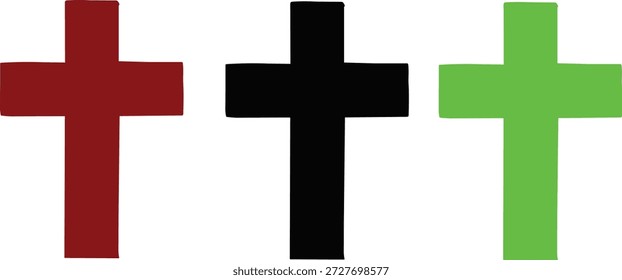 Conjunto de iconos de cruz de tres colores con símbolos rojos, negros y verdes para contenido de diseño gráfico, simbólico y direccional