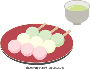 Three-color dumplings and Japanese tea.