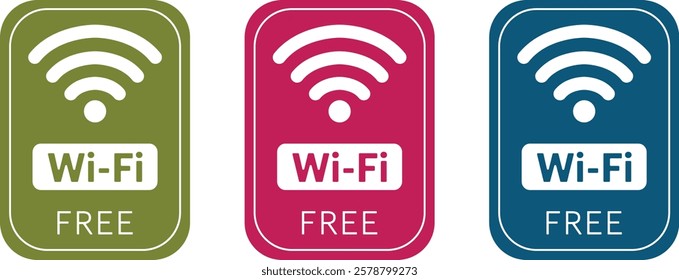 Three-Color Free Wi-Fi Sign Icons in Green, Pink, and Blue for Wireless Internet Access in Public and Private Spaces