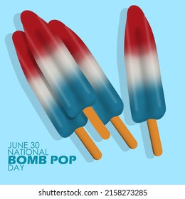Three-color ice cream in the shape of a rocket with bold texts on blue background, National Bomb Pop Day June 30