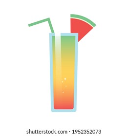A three-color refreshing cocktail with a straw, decorated with a slice of watermelon.  A three-layer cocktail with a green red and yellow layer. Isolated on white background. Design for menu.
