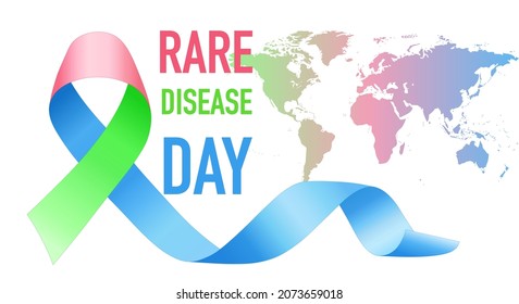 Three-color ribbon for the world rare disease day on 28 of February. On a world map background. Vector illustration