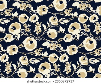 Three-color solid simple cartoon flowers and long stalk leaves pattern with blue tone background, all over vector design illustration digital image for textile or wrapping paper printing factory