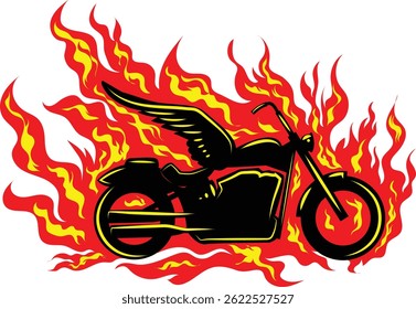 Three-color vector of a winged motorcycle with flames. Perfect for screen printing, DTG, or heat transfer. Simple, bold and eye-catching design with limited ink use. Three Color Winged Motorcycle