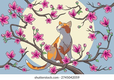 A three-colored cat is sitting on a branch. The cherry blossoms are blooming. The moon is full. Nature is peaceful. Painting by numbers.