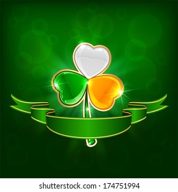 Three-colored clover leaf on green background with ribbon, illustration.