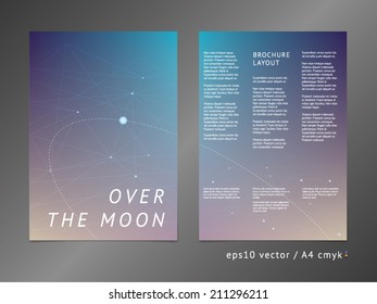 Three-column double sided vector leaflet / brochure / cover layout template with modern colorful polygonal deep space illustration. A4, eps10, cmyk. 