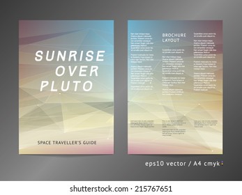 Three-column double sided vector leaflet / brochure / cover layout template with modern colorful polygonal Pluto planetary body space illustration. A4, eps10, cmyk. 