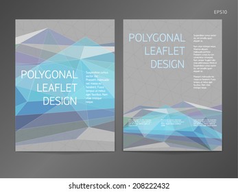 Three-column double-sided vector leaflet / brochure / cover / flyer layout template with gray polygonal background and one-color foreground.