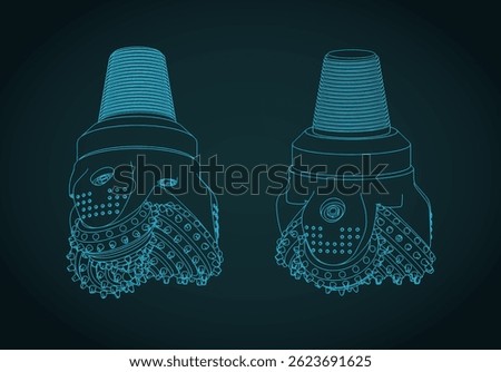 Threecone oil drilling bit isometric blueprints stylized vector illustration