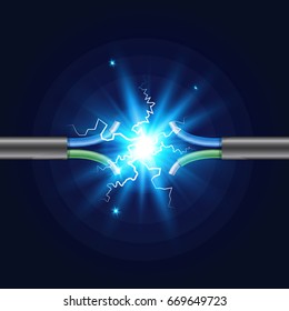 Three-core Electric cable break with electric spark. Vector illustration.