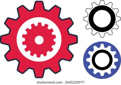 Threecoutlined gears in blue, red  and black against a white background. This image features gear, gears, cog, cogs, wheel.