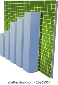 Three-d barchart and upwards line graph financial diagram illustration over square grid