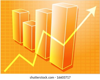 Three-d barchart and upwards line graph financial diagram illustration over square grid
