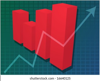 Three-d barchart and upwards line graph financial diagram illustration over square grid