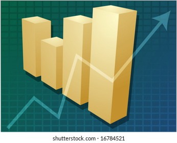 Three-d barchart and upwards line graph financial diagram illustration over square grid