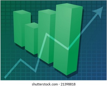 Three-d barchart and upwards line graph financial diagram illustration over square grid