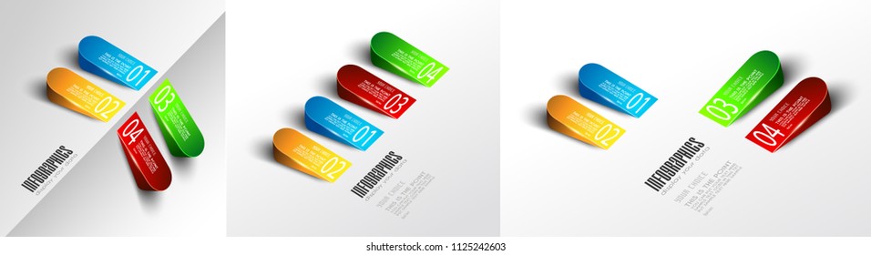 Threedimensional 3D infographics with four options in 3 different configurations with space for you labeled text.