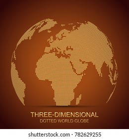 Three-dimensional abstract background planet. Dotted world globe, golden design. Vector illustration.