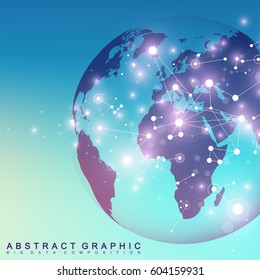 Three-dimensional abstract background planet. Virtual background communication or particle compounds. Global network connection and lines plexus. Minimalistic chaotic design, vector illustration