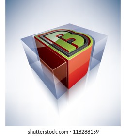 Three-dimensional alphabet: capital letter B in a transparent ice cube like blue box on a blue background