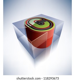 Three-dimensional alphabet: capital letter C in a transparent ice cube like blue box on a blue background