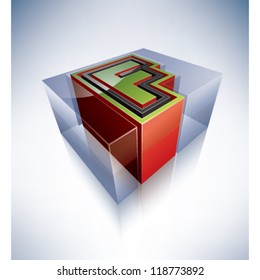 Three-dimensional alphabet: Capital letter F in a transparent ice cube like blue box on a blue background