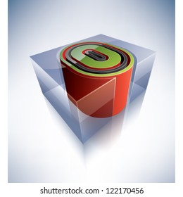 Three-dimensional alphabet: Capital letter O in a transparent ice cube like blue box on a blue background