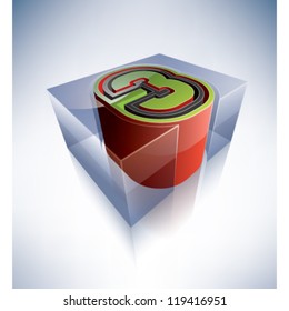 Three-dimensional alphabet: digit 3 in a transparent ice cube like blue box on a blue background