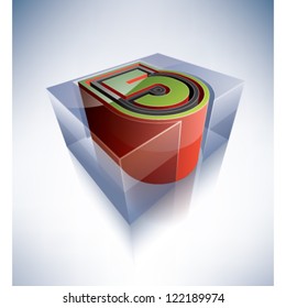 Three-dimensional alphabet: Digit 5 in a transparent ice cube like blue box on a blue background