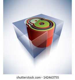 Three-dimensional alphabet: Digit 8 in a transparent ice cube like blue box on a blue background