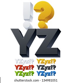 Three-dimensional alphabet. Vector illustration of 3d font characters. Plastic style. Letters yz