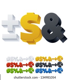 Three-dimensional alphabet. Vector illustration of 3d font characters. Plastic style. Common glyohs