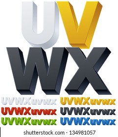 Three-dimensional alphabet. Vector illustration of 3d font characters. Plastic style. Letters uvwx