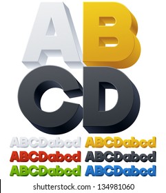 Three-dimensional alphabet. Vector illustration of 3d font characters. Plastic style. Letters abcd