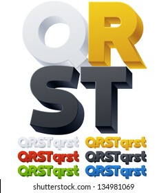 Three-dimensional alphabet. Vector illustration of 3d font characters. Plastic style. Letters qrst