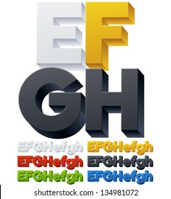 Three-dimensional alphabet. Vector illustration of 3d font characters. Plastic style. Letters efgh