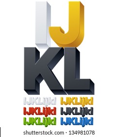 Three-dimensional alphabet. Vector illustration of 3d font characters. Plastic style. Letters ijkl