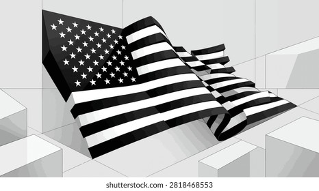 Three-dimensional American flag illustration draped over modern white geometric blocks, blending patriotic themes with architectural design for corporate or conceptual use.