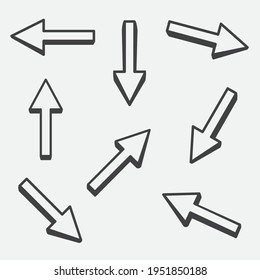 Three-dimensional arrows sign set isolated on gray background. Isometric black arrow download upload forward up down left right symbol icon collection