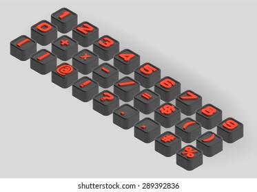 The three-dimensional axonometric set of numbers and symbols in black and red. Small smoothed cubes letters