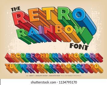 A three-dimensional block letter alphabet in rainbow colors in a late 1960s or early 1970s graphic style.