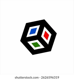 Diseño de logotipo de caja tridimensional con símbolo de diamante.