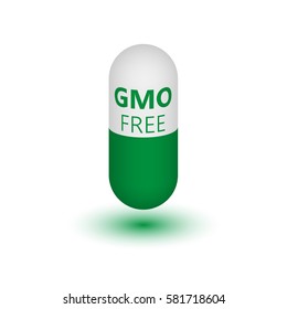 Three-dimensional capsules on white background with inscription. Design element. Non-GMO. Medicines that do not contain genetically modified components. Vector illustration.