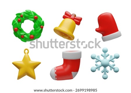 Three-dimensional Christmas icon set including wreath, bell with bow, mitten, star ornament, sock, snowflake. 3D illustration of holiday decorations winter celebration. Christmas and New Year designs.