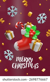 Three-dimensional Christmas poster with a red sock filled with gifts, candy cane, holly berries, golden ribbons on a burgundy background. 3D greeting cards, posters, seasonal social media designs.