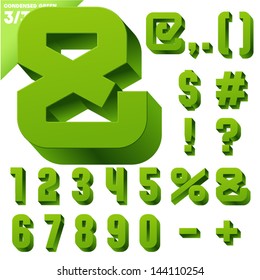 Three-dimensional condensed alphabet. Vector illustration of 3d font characters. Clear color style. Symbols
