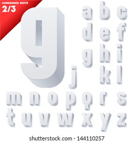 Three-dimensional condensed alphabet. Vector illustration of 3d font characters. Clear color style. Small case