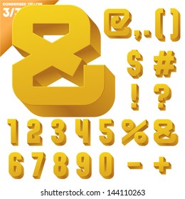 Three-dimensional condensed alphabet. Vector illustration of 3d font characters. Clear color style. Symbols